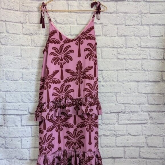 Eugenia Fernandez Arkitect Tiered Midi Dress M Pink Red Palm Print Ruffle Boho - Picture 3 of 9